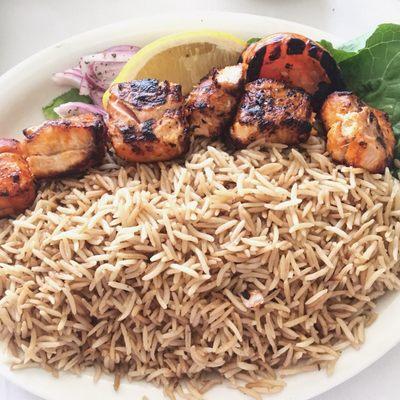 Salmon kebab with brown rice ($14.95)