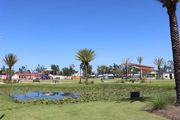 View of the park from Hwy 77 with the pond