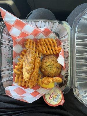 A microscopic Crab Cake & Waffle fries