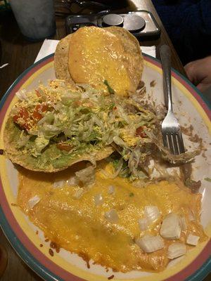 Toasted cheese, guacamole tostada, enchilada, soft cheese