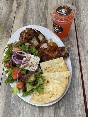 Half chicken with Greek salad &  pita bread