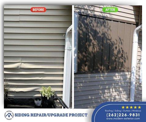 Repaired warped vinyl siding and upgraded with new vinyl and a board and batten accent, improving durability and modernizing the home's look