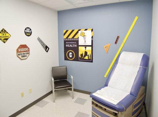 Construction themed exam room.