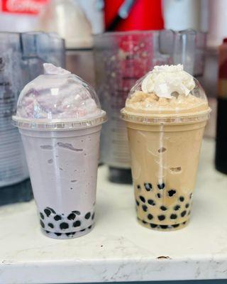 Taro smoothie with boba, and vanilla frappe with boba