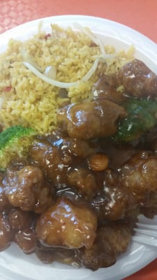 General tso and pork fried rice with sprouts!