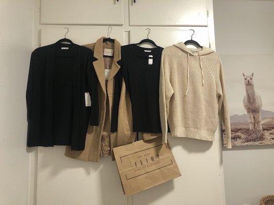 Flirt haul: Clearance cardigan, dressy coat, slim fit black tee, and a textured hoodie.