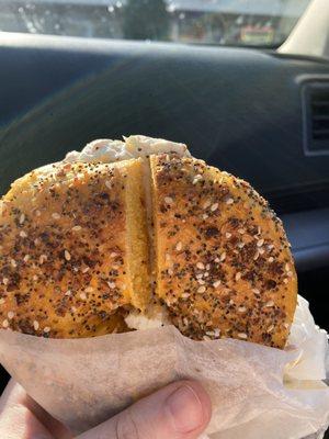 Egg everything bagel with veggie cream cheese