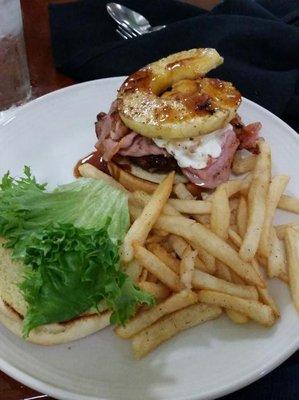 The Pineapple teriyaki burger with regular fries(a bit stale). They all have funny names that I can't remember though.