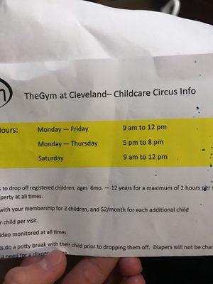 Hours for the daycare