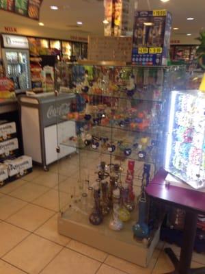 Bongs, pipes, and more. Easy to find, as soon as you walk in the door.