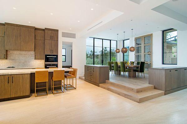 Fully custom modern estate. Rift Oak Slab cabinetry.