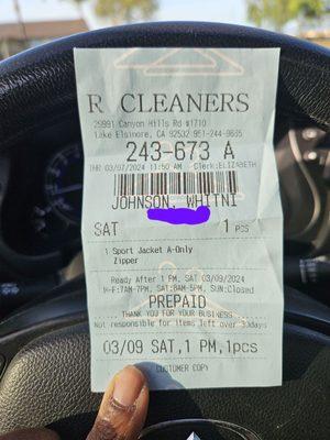 Dry cleaning receipt