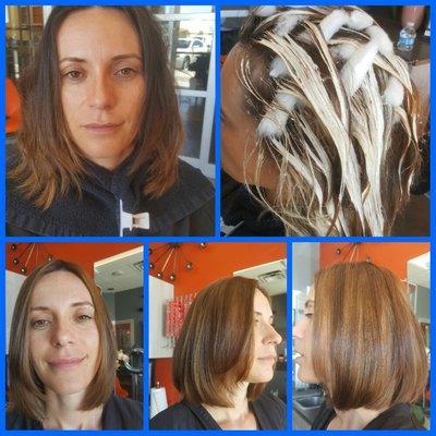 Before and after. Balayage light caramel all over and long bob haircut.