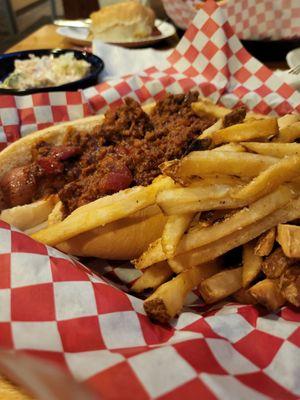 Nathan's Chili Dog with fries