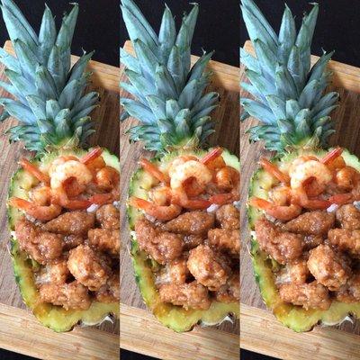 Cajun Shrimp & Honey Stuffed Pineapples served with white-rice Brown Rice Or Quinoa!