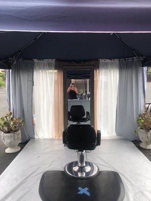 Outdoor services. Barbering and hairstylist at your service in our semiprivate parking lot behind salon.