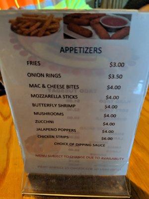 Appetizer menu.