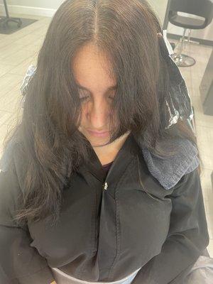 (Before) Full Balayage + Goldwell Gloss + Root Melt by Gloria + Cut + Style by Gina