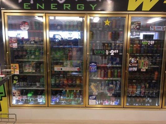 Large assortment of sodas and energy drinks