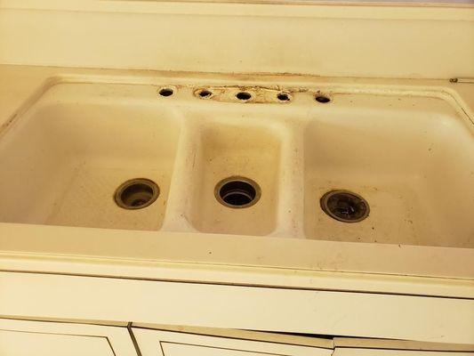 Triple sided kitchen sink before and after.