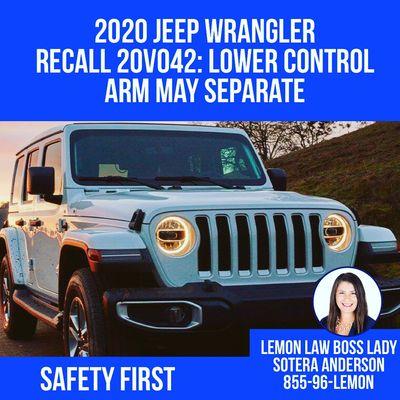 FCA recalls 2020 Jeep Wranglers. The lower control arm may separate from axle increasing risk of crash. Drive safe!