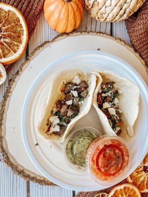 Wagyu Churrasco Tacos with Cotija Cheese Crumbles and homemade salsa / guac