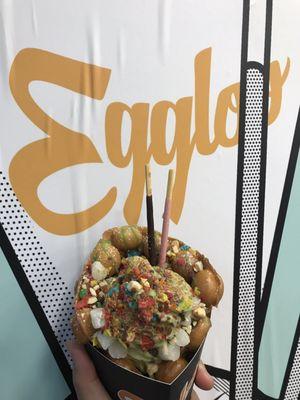 Original waffle, green tea ice cream, fruity pebbles, pocky, mochi, almond flakes & pandan drizzle. $9 of deliciousness