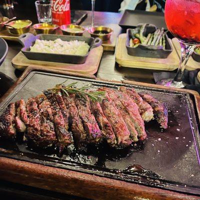 New York strip delicious and cooked as requested. Great portion for two !