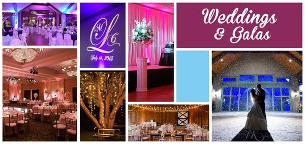 Wedding Lighting is our specialty! We have globe lighting, up lighting, LED dance floor, GOBO Monogram Imaging, Bubble Machines & more!