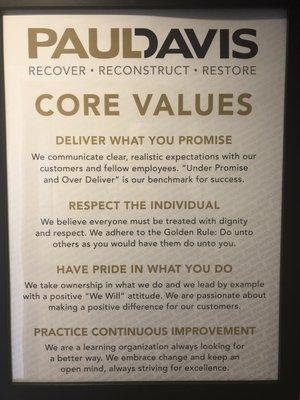 Paul Davis' Core Values reviewed in weekly meetings!