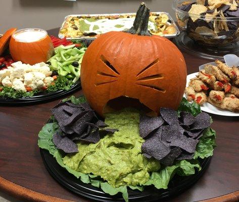 Halloween Appetizers...Vomiting Pumpkin, Monster Claws, Veggies with Dip in Pumpkin and more.