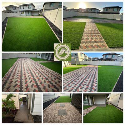 Synthetic Turf, Buff Brick Pavers, Brick Edging and Gravel, Coral Rocks with Stepping Stones, and Concrete Side-Walk.