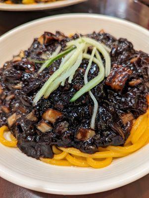 Jjajang Myun. $7.95. Noodles with black bean sauce, pork, and vegetables.