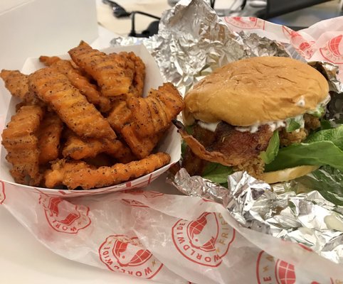 Chicken sandwich with sweet potato fries