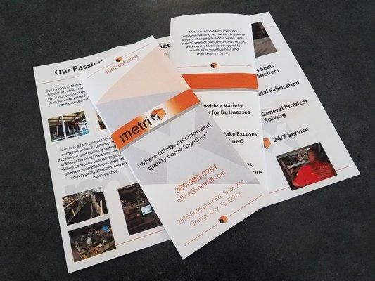 Brochures full color 2 sided on 100# semigloss text.