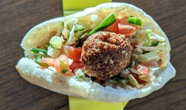 Our yellow falafel. Color comes from the natural garbanzo beans color and sesame.