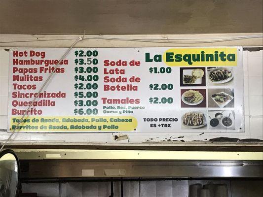 Food Menu... 99 cent street tacos aren't listed, but they will make them if you ask.