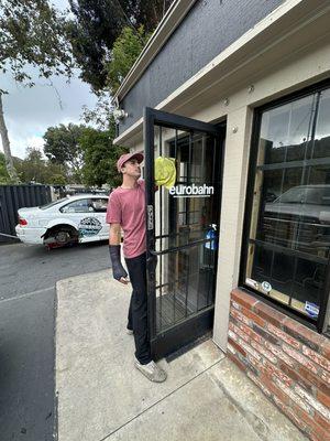 Liam adding the Eurobahn logo to our front door