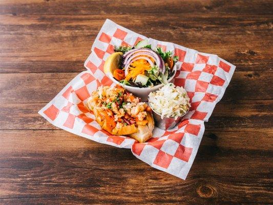 Lobster roll platter with cole slaw and house salad