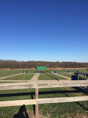 The trap range. The green box is the bunker where the clay pigeons are launched.