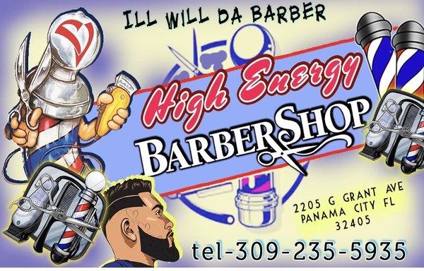 High Energy Barber Inc. Business information and logo. Business card and information.