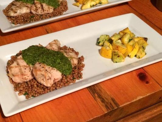 Umbrian Style Grilled Chicken with Lemon Scented Whole Wheat Israeli Couscous and Seasoned Summer Squash