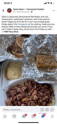 Red beanns and rice plate w/ peanut butter bar and a pulled pork sandwich