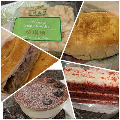 Crispy Noodle snack, minced chicken meat pie (opened and unopened), tiramisu and red velvet cake.