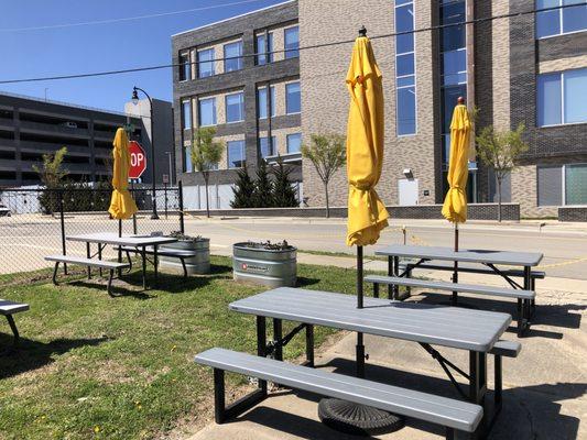 Outdoor seating.  It was a chilly spring day we visited but come summer the umbrellas will be needed!