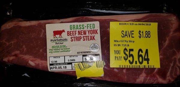 Sometimes you can find a nugget like this grass fed NY strip steak marked down in the meat section if you look for yellow.