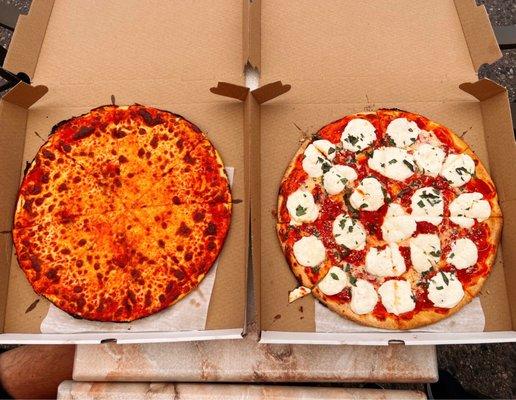 Left: large plain pie; right: large margherita pie