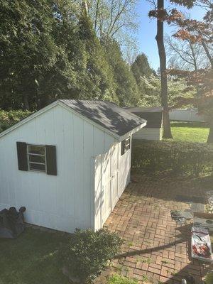 Shed roof replaced. New plywood, drip edge shingles and roof cap.