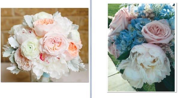 The picture on the left is what I wanted my bouquet to look like and the right is what I got. Half-dead peonies and purple-ish blue flowers.