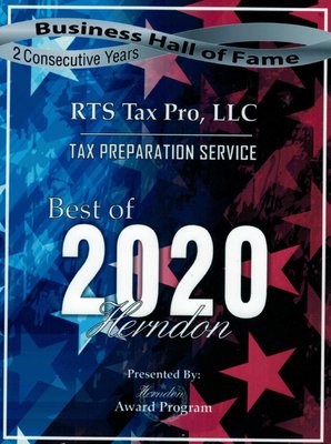 RTS Tax Pro, LLC received "Tax Preparation Service Best of 2020" from Herndon Award Program